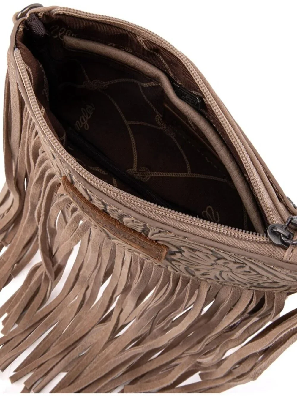 Women's Angel Khaki Wrangler Small Purse Imported Wristlet Fringe Crossbody Bag